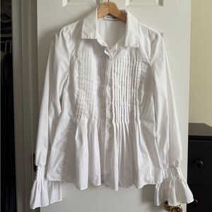 DO+BE Pleated Front Ruffle Button-Down Blouse